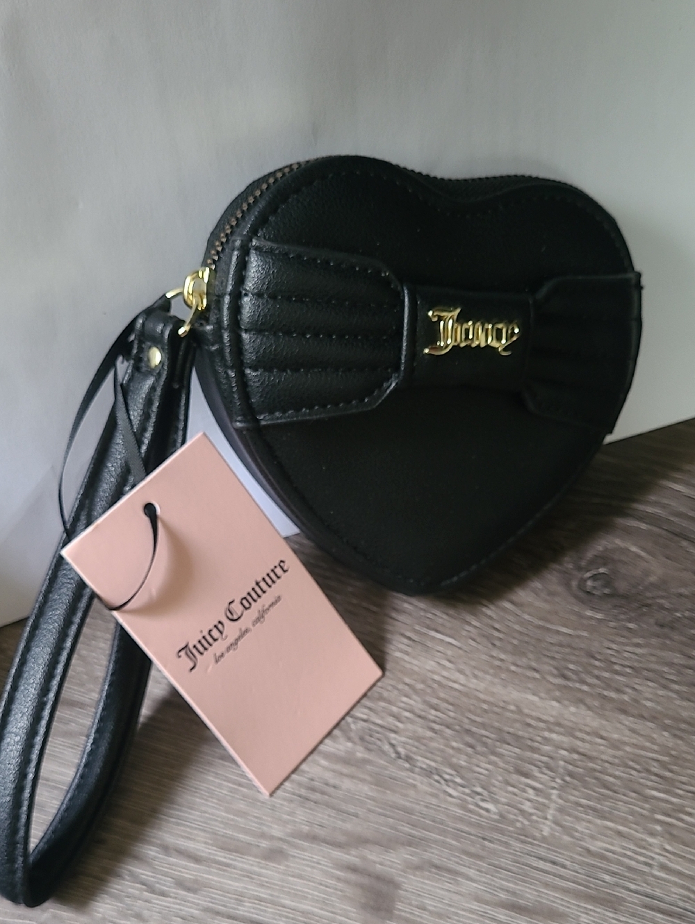 Juicy Couture Black Heart Wristlet with Gold Logo Bow